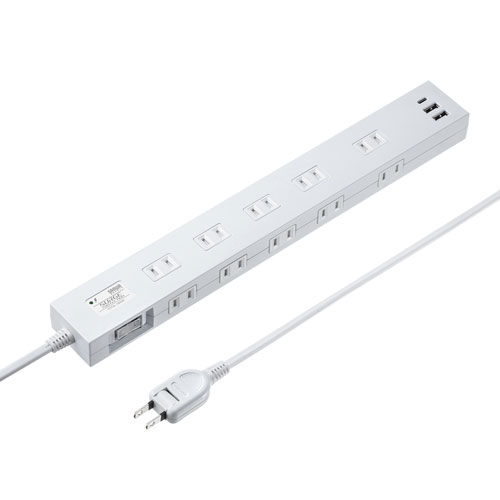 サンワサプライ USB充電機能付きタップ 10個口 ホワイト TAP-SP2110NUC-1W