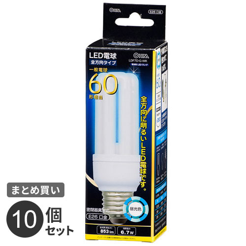 まとめ買い オーム電機 LED電球 D形 E26 60W相当 昼光色 全方向タイプ 発光管露出形 LDF7D-G-WK 10個セット|mono