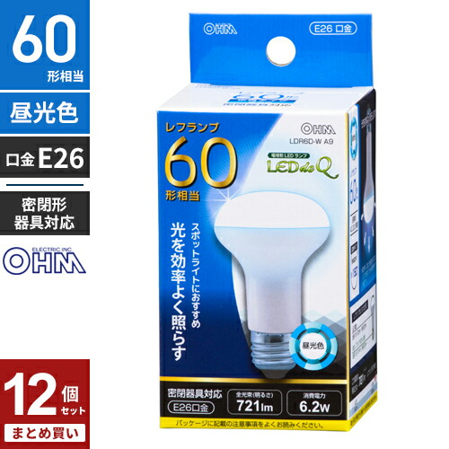 まとめ買い オーム電機 LED電球 レフランプ形 60W形相当 E26 昼光色 密閉器具対応 LDR6D-W A9 12個セット｜mono