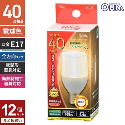 まとめ買い オーム電機 LED電球 T形 E17 40W形相当 電球色 全方向タイプ 断熱材施工器具 LDT4L-G-E17 IG92 12個セット