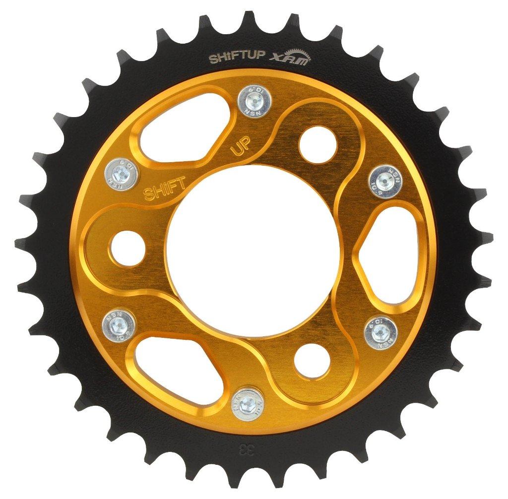 SHIFT UP シフトアップ ＃420 ハイブリッド リアスプロケット NSF100 NSR-mini XR50モタード XR100モタード APE50 タイプD APE100 NSR50 NSR80 HONDA ホンダ ドリブンスプロケット・リアスプロケット 駆動系 丁数：33T / カラー：ゴールド｜ウェビック　店