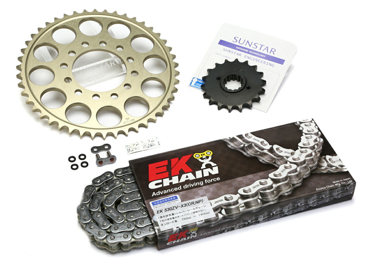 SUNSTAR サンスター フロント・リアスプロケット＆チェーン・カシメジョイントセット ZXR750 KAWASAKI カワサキ スプロケット・チェーンセット 駆動系 チェーン銘柄：EK製CRNP530ZVX3（シルバーチェーン）