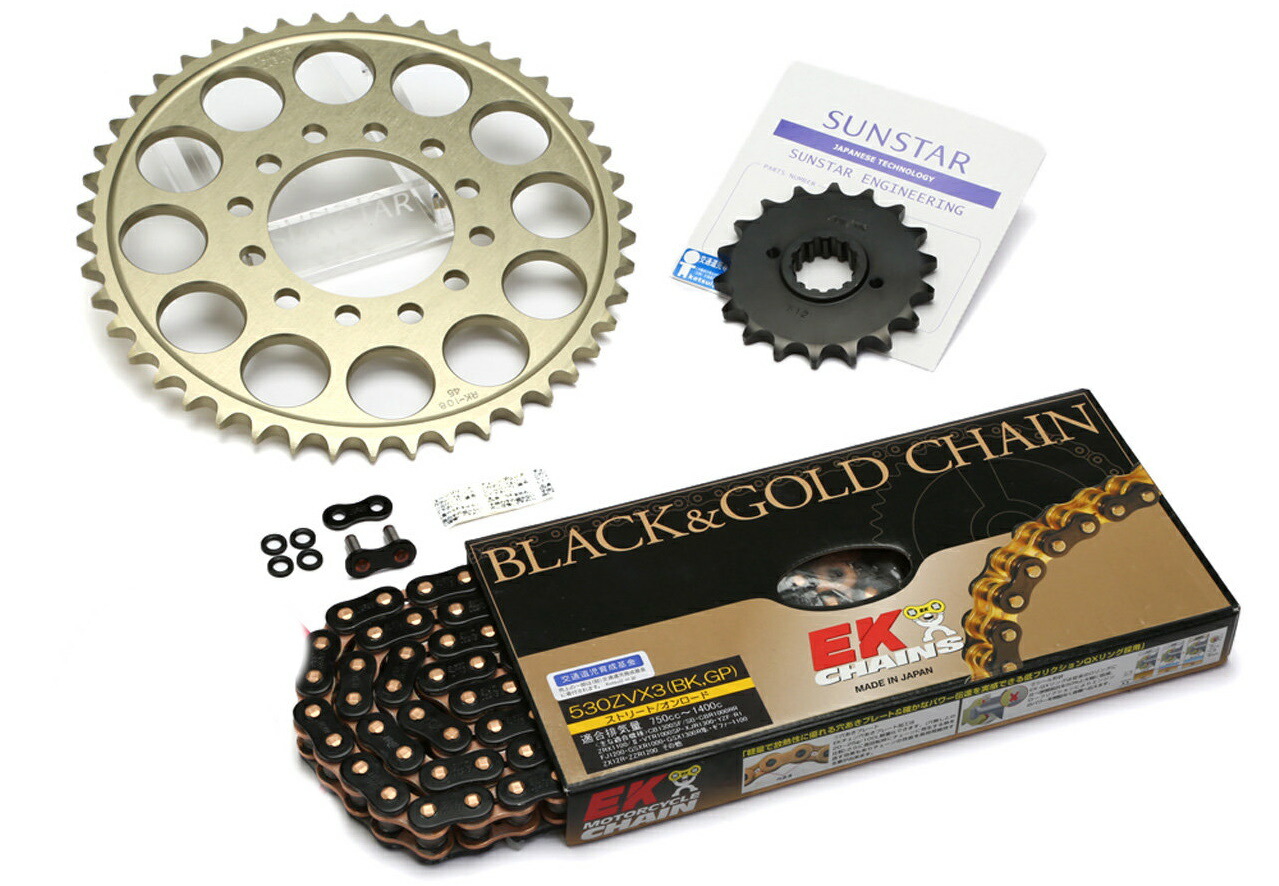 SUNSTAR サンスター フロント・リアスプロケット＆チェーン・カシメジョイントセット BANDIT1250 BANDIT1250F BANDIT1250S GSX1400 SUZUKI スズキ スプロケット・チェーンセット 駆動系 チェーン銘柄：EK製BKGP530ZVX3（ブラックチェーン）｜ウェビック　店