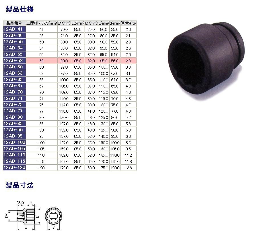 上等 TONE インパクト用ソケット 12角 差込角:38.1mm 12AD-115 対辺