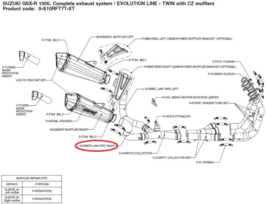 AKRAPOVIC アクラポビッチ 【リペアパーツ】L-S10R8TR link pipe right GSX-R1000 SUZUKI スズキ エキゾーストパイプ マフラー