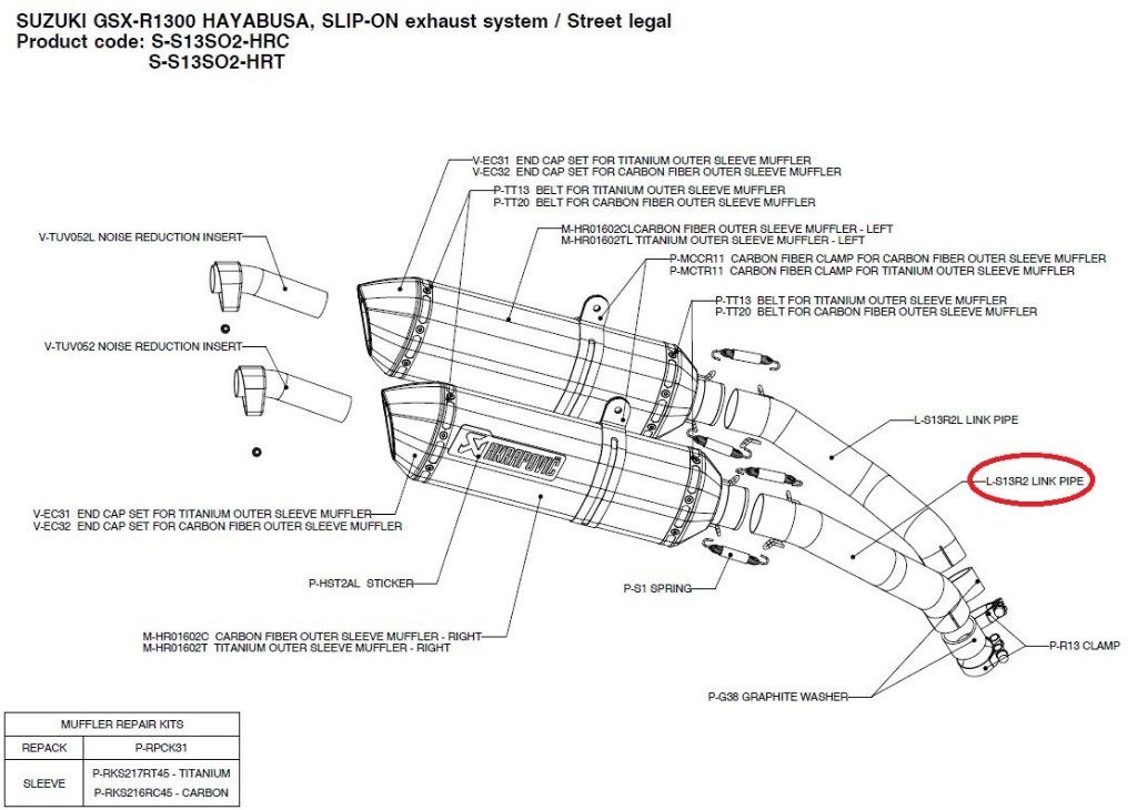 AKRAPOVIC アクラポビッチ 【リペアパーツ】L-S13R2 link pipe GSX-R1300 SUZUKI スズキ エキゾーストパイプ マフラー