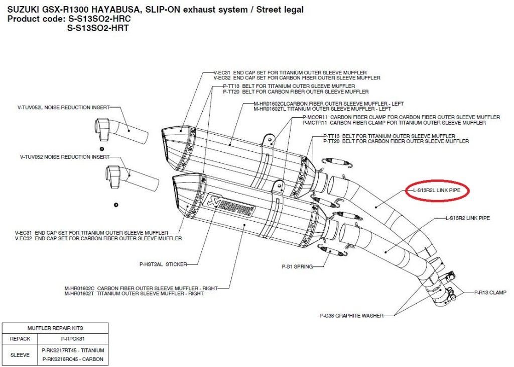 AKRAPOVIC アクラポビッチ 【リペアパーツ】L-S13R2L link pipe GSX-R1300 SUZUKI スズキ エキゾーストパイプ マフラー