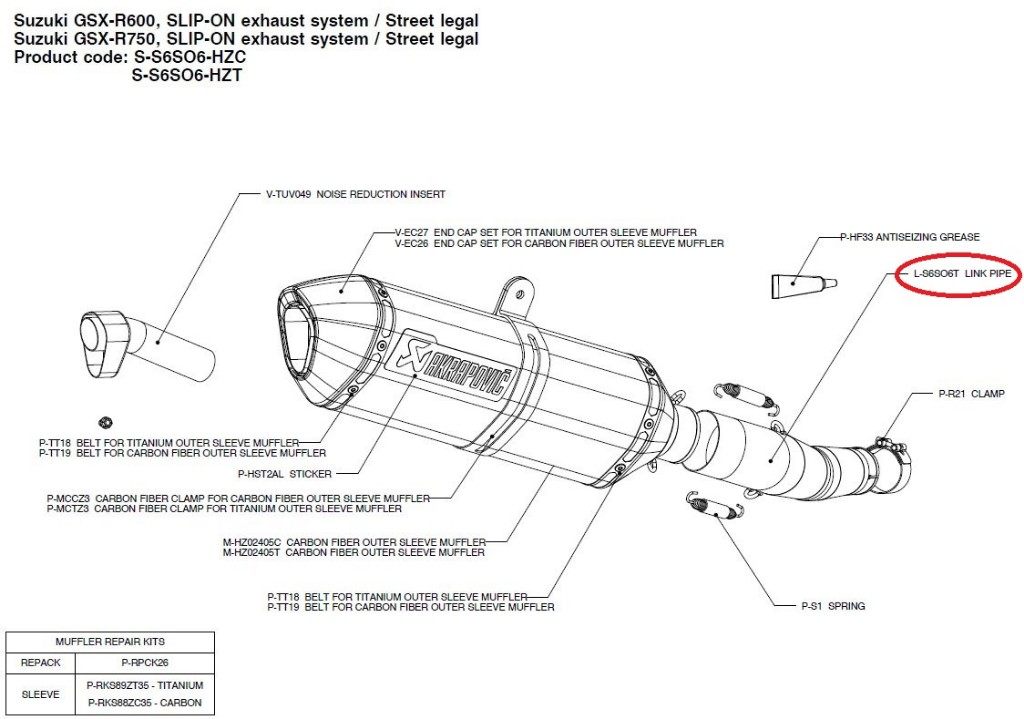 AKRAPOVIC アクラポビッチ 【リペアパーツ】L-S6SO6T link pipe GSX-R600 GSX-R750 SUZUKI スズキ エキゾーストパイプ マフラー