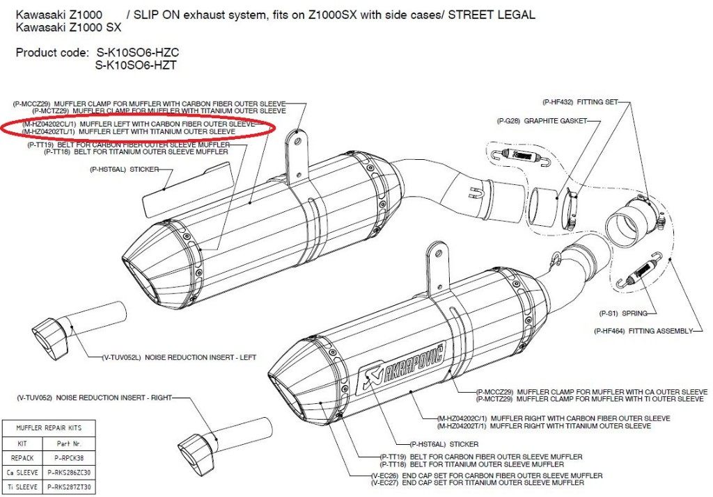 AKRAPOVIC アクラポビッチ 【リペアパーツ】M-HZ04202CL/1 muffler left with carbon fiber outer sleeve NINJA1000 Z1000 Z1000SX KAWASAKI カワサキ 補修・汎用サイレンサー マフラー