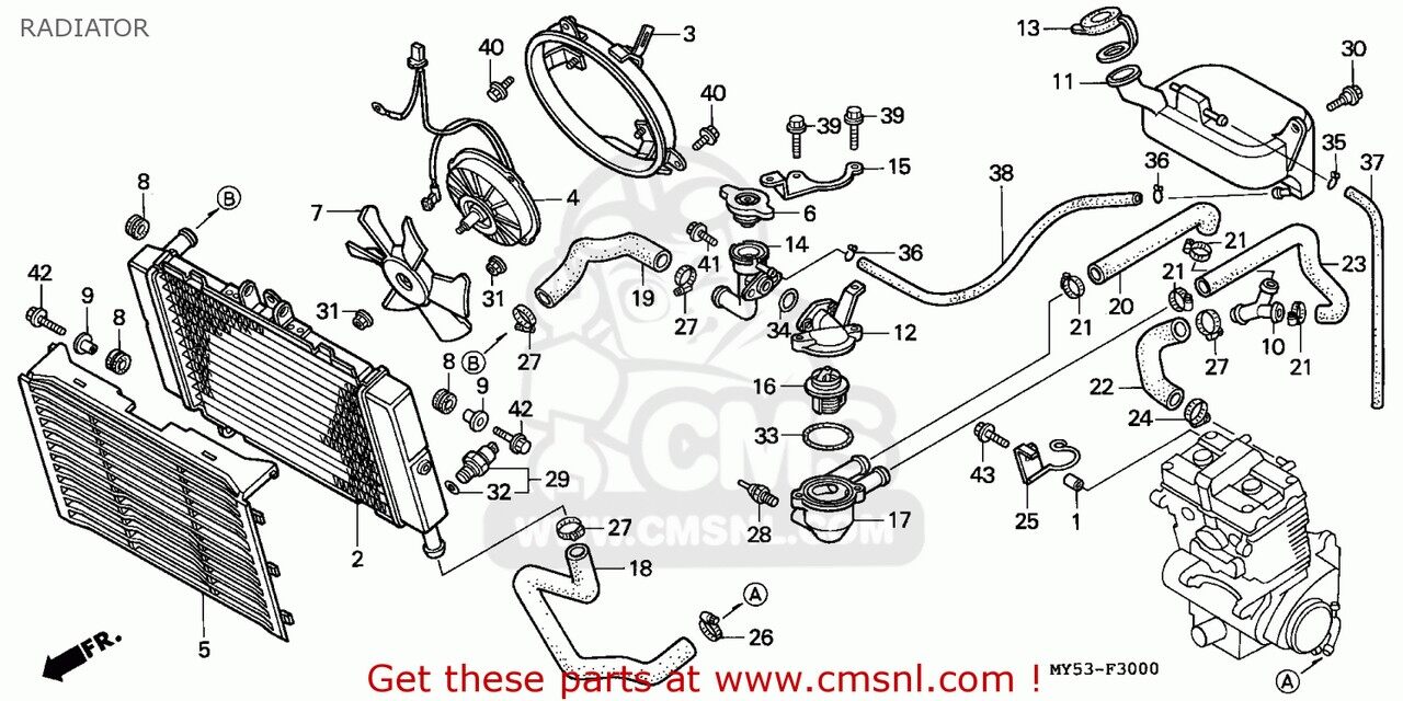CMS シーエムエス RADIATOR COMP CB500 1994 R / KPH AUSTRIA ENGLAND MPH FRANCE GERMANY 27P 50P ITALY SPAIN SWITZERLAND 1996 T NORTHERN EUROPE PORTUGAL 1997 V 34P 1998 W 1999 X HONDA ホンダ ラジエーター 冷却関連 エンジン|ウェビック 店