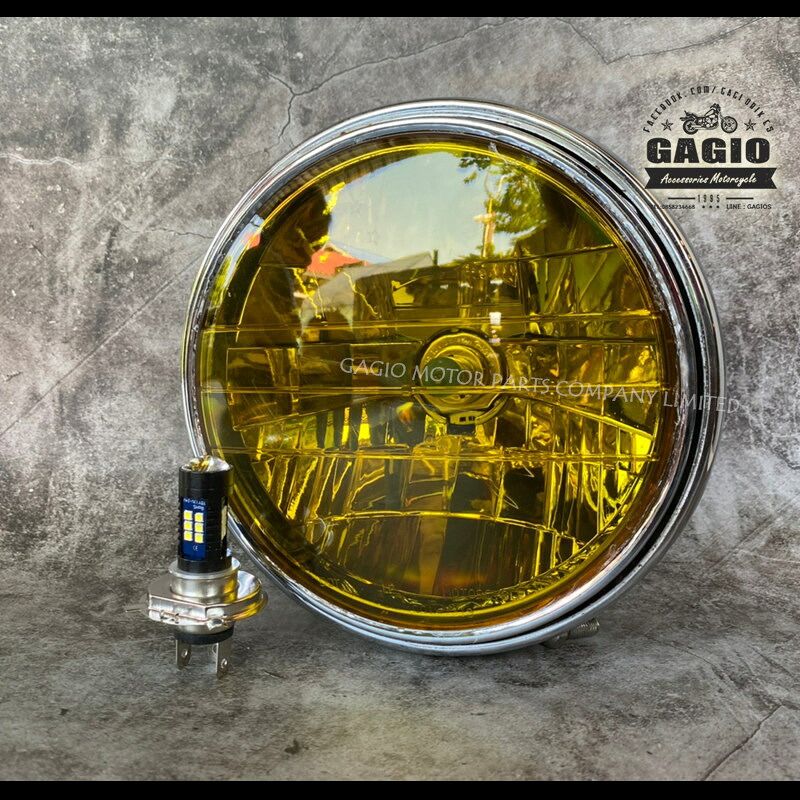 GAGIO MOTOR PARTS ガジオモーターパーツ VICTOR round headlight， size 8 inches， yellow lens， plus LED bulbs ヘッドライト 灯火類 電装系