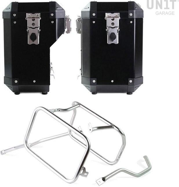 UNIT GARAGE ユニットガレージ Unit Garage Pair of aluminium Panniers Atlas 47L+41L with Triumph 1200 XC & XE frame， Black + Silver Frames | AL2C_BL+3106-Black-Panniers+Silver-Frames パニアケース 車体用バッグ・ケース