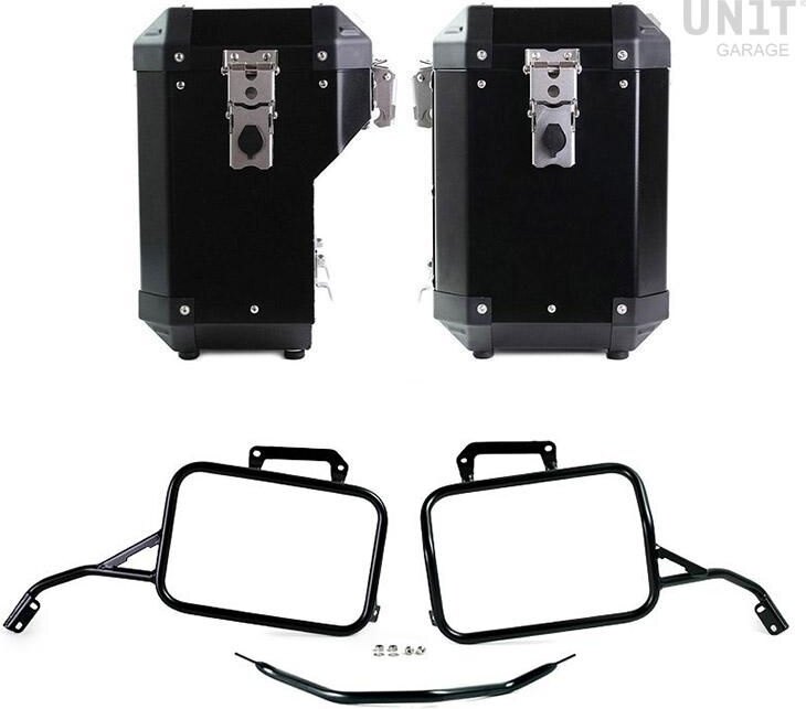 UNIT GARAGE ユニットガレージ Unit Garage Pair of aluminium Panniers Atlas 47L+41L with Aprilia Tuareg 660 frame， Black + Frames | AL2C_BL+3604-Black-Panniers+Black-Frames パニアケース 車体用バッグ・ケース