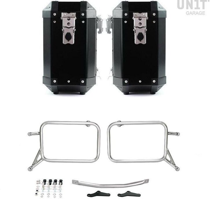 UNIT GARAGE ユニットガレージ Unit Garage Pair of aluminium Panniers Atlas 40L+40L with Subframes R & GS， Black + Silver Frames | 2xAL1_BL+1528-Black-Panniers+Silver-Frames パニアケース 車体用バッグ・ケース