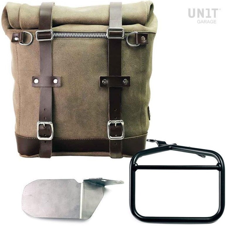 UNIT GARAGE ユニットガレージ Unit Garage Waxed suede side pannier Scram 22L-30L + Right subframe Ducati Scrambler, MossGrey | U202+1007DX-MossGrey サイドバッグ 車体用バッグ・ケース|ウェビック 店