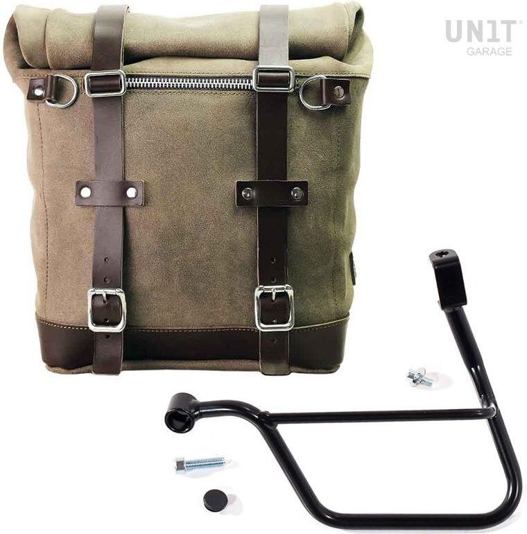 UNIT GARAGE ユニットガレージ Unit Garage Waxed suede side pannier Scram 22L-30L + Left Subframe Triumph T100 (2017 until now)， MossGrey | U202+1011SX-MossGrey サイドバッグ 車体用バッグ・ケース｜ウェビック　店