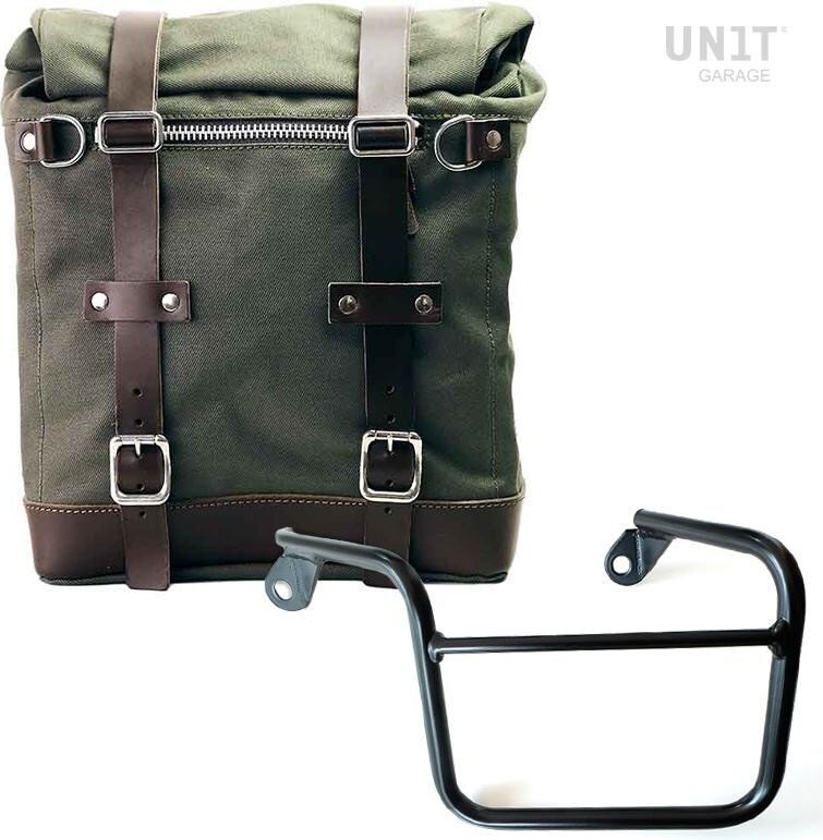 UNIT GARAGE ユニットガレージ Unit Garage Canvas Side Pannier Scram 22L-30L + Left Subframe Mash， Green/Brown | U201+2600SX-Green-Brown サイドバッグ 車体用バッグ・ケース