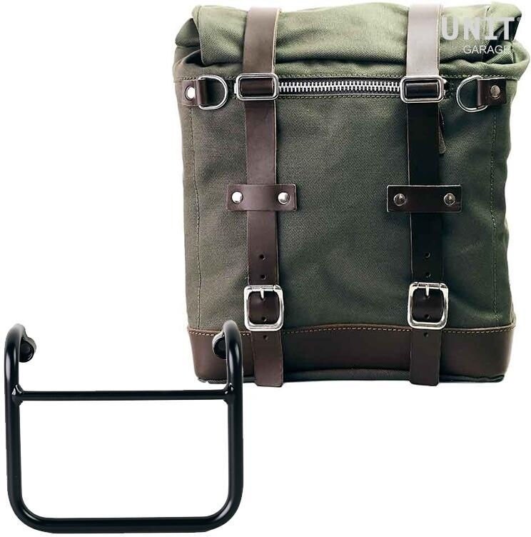 UNIT GARAGE ユニットガレージ Unit Garage Canvas Side Pannier Scram 22L-30L + Subframe R18 for Straight pipe exhaust, Green/Brown | U201+3400-Green-Brown サイドバッグ 車体用バッグ・ケース|ウェビック 店