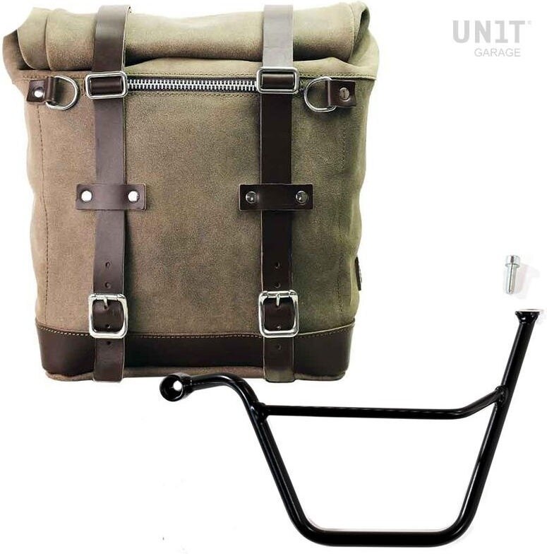 UNIT GARAGE ユニットガレージ Unit Garage Waxed suede side pannier Scram 22L-30L + Left Subframe Triumph Bonneville T100 (2001-2016), MossGrey | U202+1005SX-MossGrey サイドバッグ 車体用バッグ・ケース|ウェビック 店