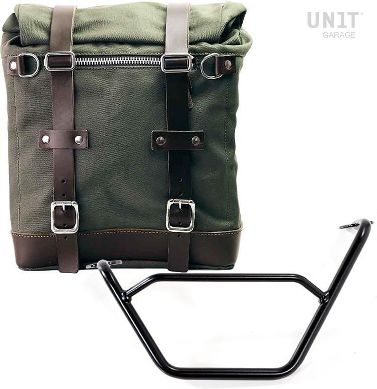 UNIT GARAGE ユニットガレージ Unit Garage Canvas Side Pannier Scram 22L-30L + Left subframe R1200 GS LC, Green/Brown | U201+1901SX-Green-Brown サイドバッグ 車体用バッグ・ケース|ウェビック 店