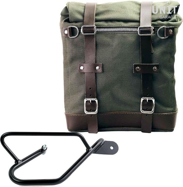 UNIT GARAGE ユニットガレージ Unit Garage Canvas Side Pannier Scram 22L-30L + Right Subframe Guzzi V9 Bobber, Green/Brown | U201+2250DX-Green-Brown サイドバッグ 車体用バッグ・ケース|ウェビック 店