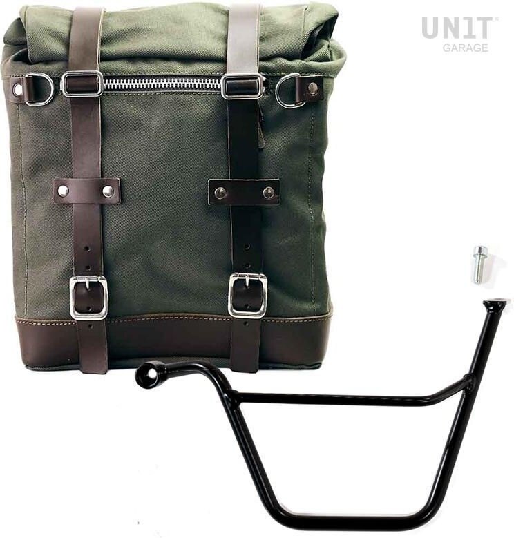 UNIT GARAGE ユニットガレージ Unit Garage Canvas Side Pannier Scram 22L-30L + Left Subframe Triumph Bonneville T100 (2001-2016)， Green/Brown | U201+1005SX-Green-Brown サイドバッグ 車体用バッグ・ケース｜ウェビック　店