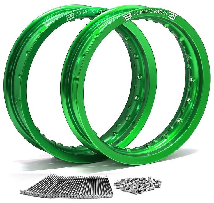 73 MOTO PARTS ナナサンモトパーツ カワサキ KX65 12インチ ミニモト前後リムセット(スポークキット付き) KAWASAKI リム ホイール関連 足回り カラー：グリーン / リム幅：F：2.5インチ／R：3.0インチ