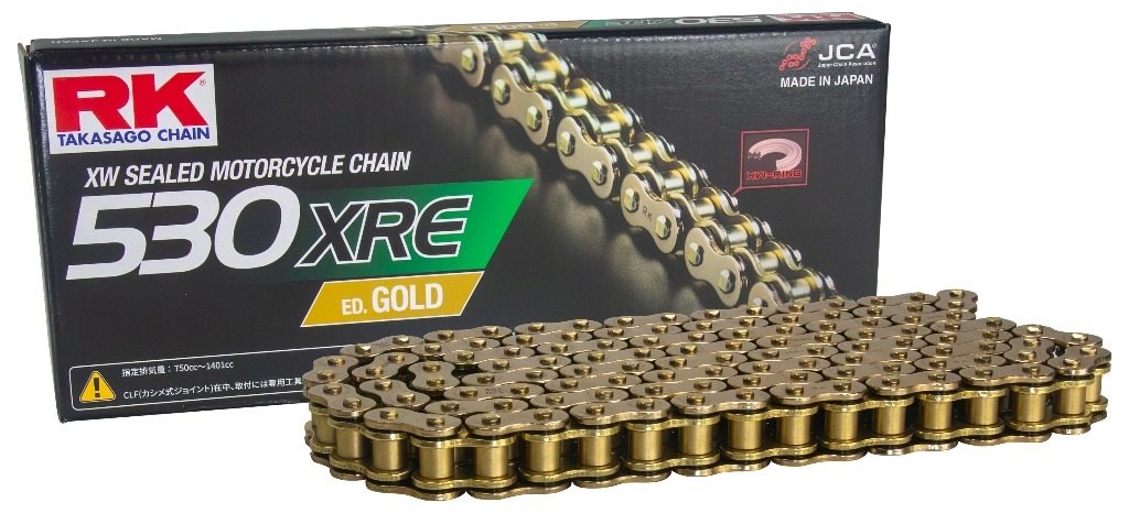 RK JAPAN RKジャパン 530XRE ED.GOLD【カシメ(CLF)ジョイント付属】 DUCATI ドゥカティ HONDA ホンダ KAWASAKI カワサキ SUZUKI スズキ TRIUMPH トライアンフ YAMAHA ヤマハ チェーン 駆動系 チェーン数：90L｜ウェビック　店