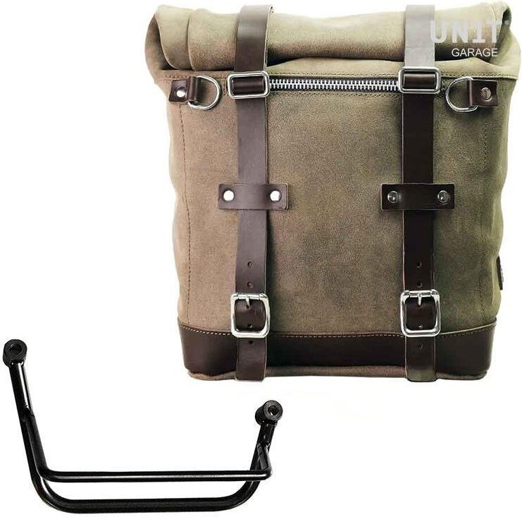 UNIT GARAGE ユニットガレージ Unit Garage Waxed suede side pannier Scram 22L-30L + Right Subframe Guzzi V85 TT， MossGrey | U202+2251DX-MossGrey サイドバッグ 車体用バッグ・ケース｜ウェビック　店