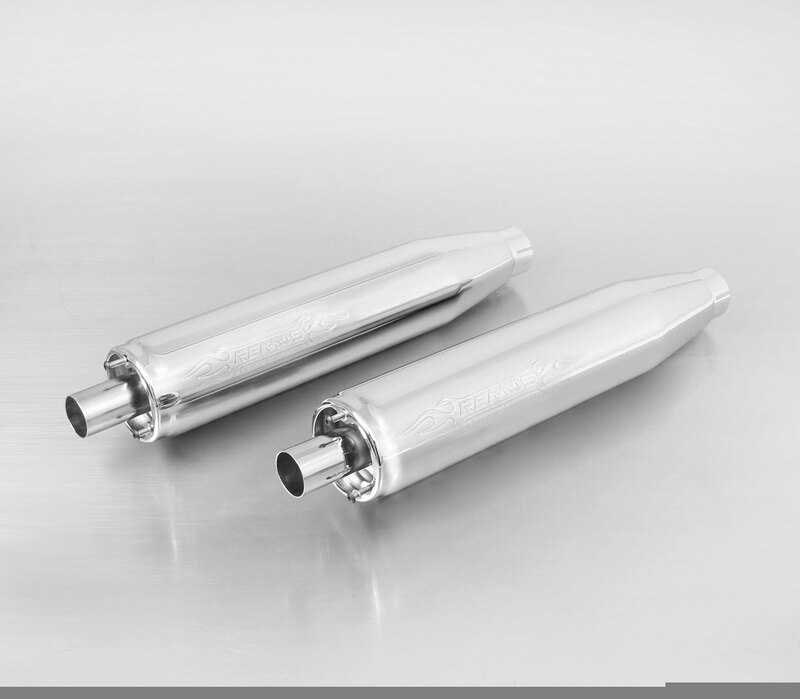 REMUS レムス 2 X カスタムマフラー クローム，プラグイン キャタライザー(触媒)セット 2個，エンドキャップ テーパー 2個 ステンレスクローム スリップオンマフラー マフラー｜ウェビック　店