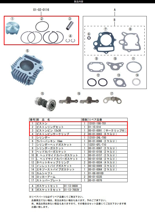 SP武川 SPタケガワ 【補修部品】ピストン キット(52mm／105cc) スーパーカブ90 ベンリィCD90 HONDA ホンダ ピストン エンジンパーツ エンジン