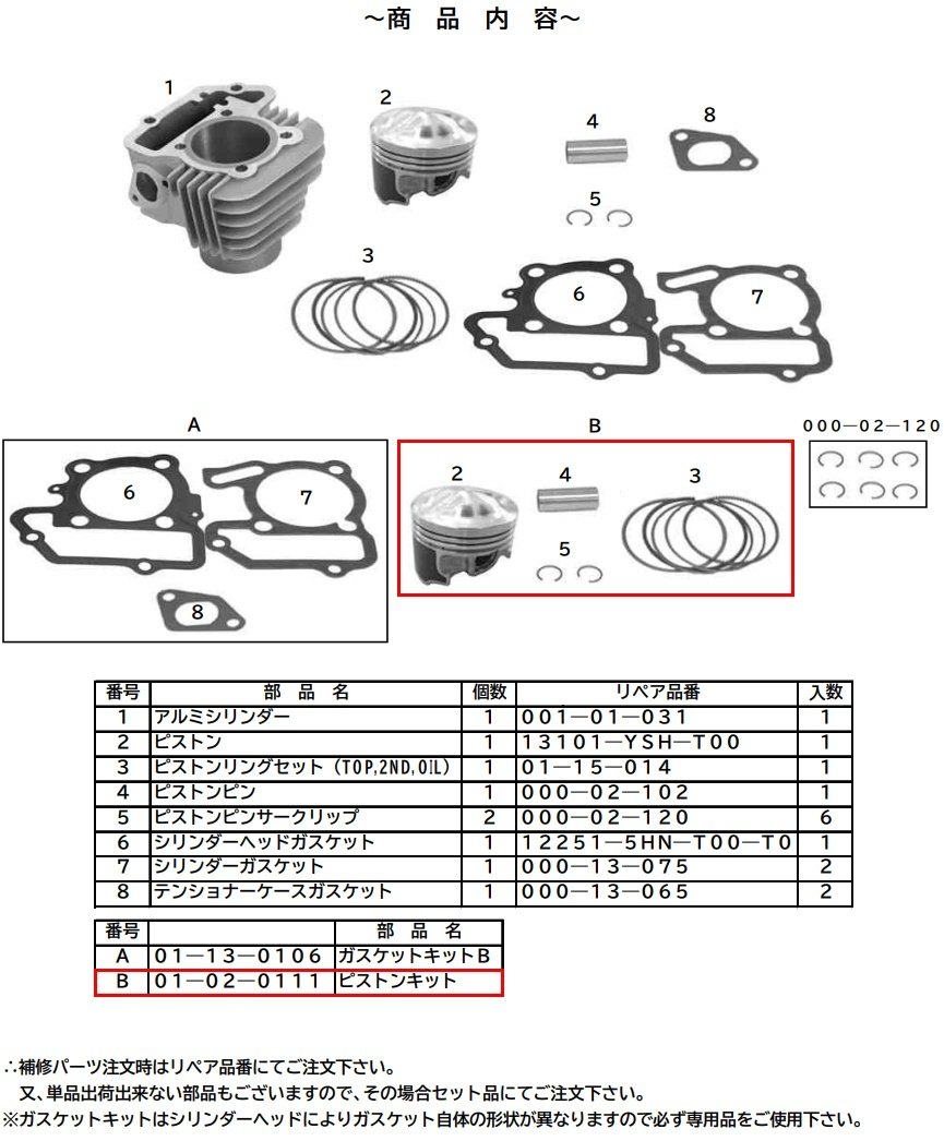 SP武川 SPタケガワ 【補修部品】ピストンキット(52mm／110cc) TT-R YAMAHA ヤマハ ピストン エンジンパーツ エンジン