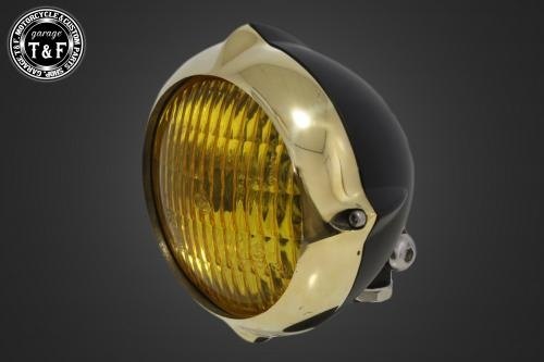 Garage T&F ガレージ 4.5インチビンテージヘッドライト＋ステーセット エリミネーター250V KAWASAKI カワサキ ヘッドライト 灯火類 電装系 レンズカラー：イエロー / カラー：真鍮リム／マットブラックボディ