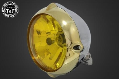Garage T&F ガレージ 5.75インチビンテージヘッドライト ヘッドライト 灯火類 電装系 レンズカラー：イエロー / カラー：真鍮リム／ポリッシュボディ