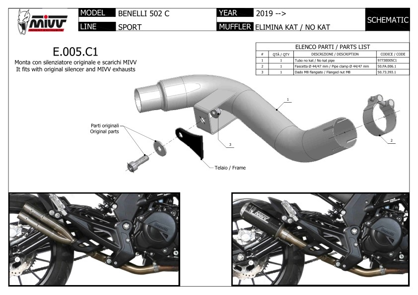 MIVV ミヴ キャタライザーレス中間パイプ 502C 500 BENELLI ベネリ エキゾーストパイプ マフラー|ウェビック 店