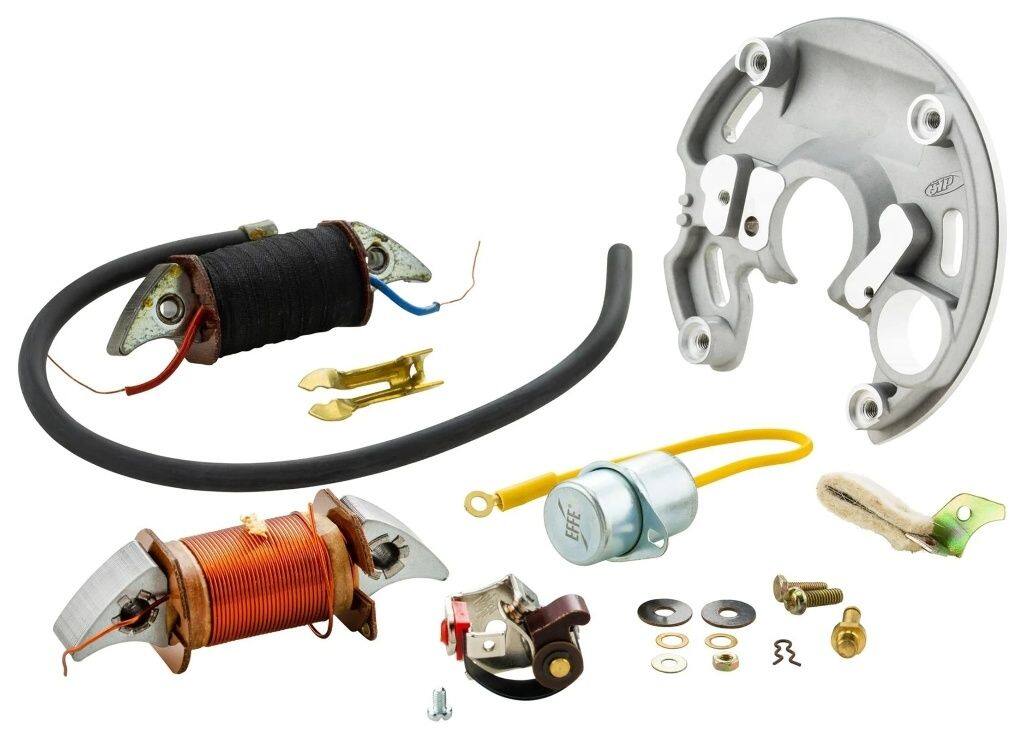 SIP Scootershop エスアイピー スクーターショップ 【SIP SPAREPARTS】 イグニッションコイル・ポイント・コンデンサー・ステータープレートセット 6V 純正シリンダー用 50 L R Special 50／N Vespa ベスパ オルタネーター・ジェネレーター 電装系｜ウェビック　店
