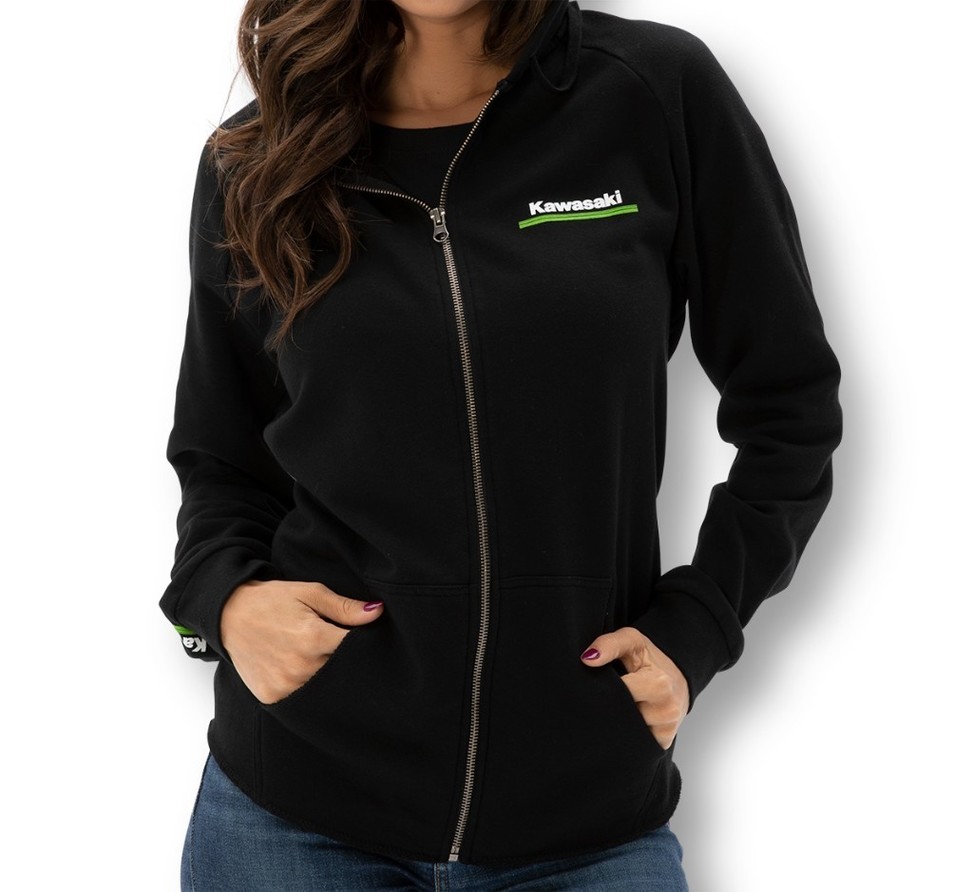 US KAWASAKI 北米カワサキ純正アクセサリー Women’s Kawasaki 3 Green Lines Zip Up Sweatshirt レディース