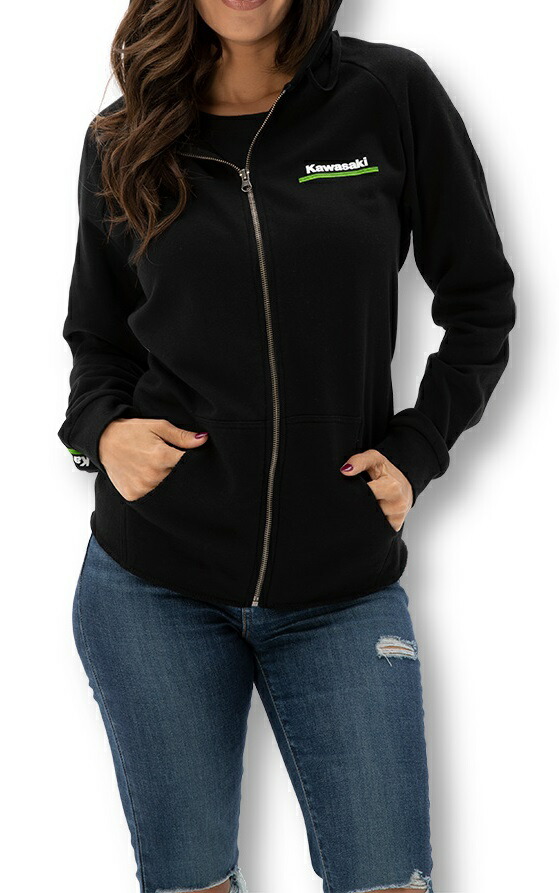 US KAWASAKI 北米カワサキ純正アクセサリー Women’s Kawasaki 3 Green Lines Zip Up Sweatshirt レディース