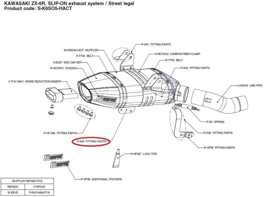 AKRAPOVIC アクラポビッチ 【リペアパーツ】P-X43 fitting parts ZX-6R KAWASAKI カワサキ その他マフラーオプション・補修部品 マフラー