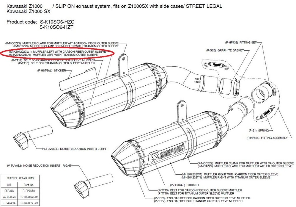 AKRAPOVIC アクラポビッチ 【リペアパーツ】M-HZ04202TL/1 muffler left with titanium outer sleeve NINJA1000 Z1000 Z1000SX KAWASAKI カワサキ 補修・汎用サイレンサー マフラー｜ウェビック　店