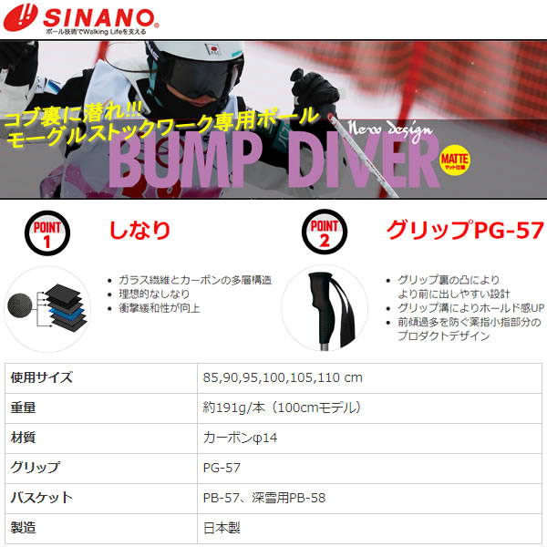 シナノスキーポール2022BUMPDIVERオールホワイトALLWTモーグル専用ポールバンプダイバー21-22シナノポールシナノストック【w60】