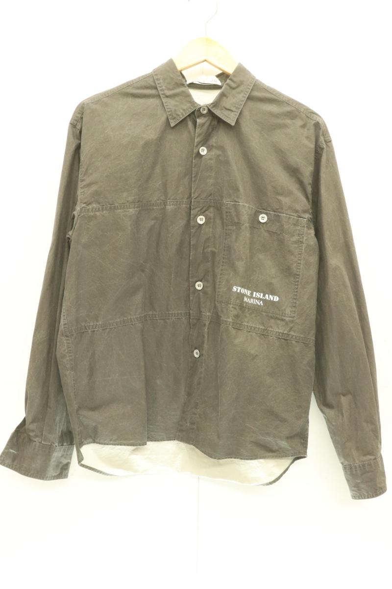 【中古】 STONE ISLAND メンズ長袖シャツ S MARINA PLATED COTTON CANVAS STONE ISLAND S グレー 灰 ロゴ