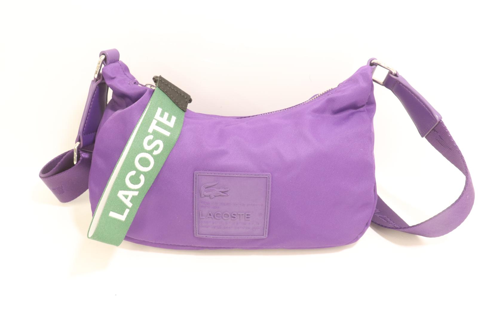 【中古】 LACOSTE レディースショルダーバッグ -- アクティブ ナイロン シグネチャーパッチバゲットショルダーバッグ LACOSTE -- 紫 パープル ロゴ