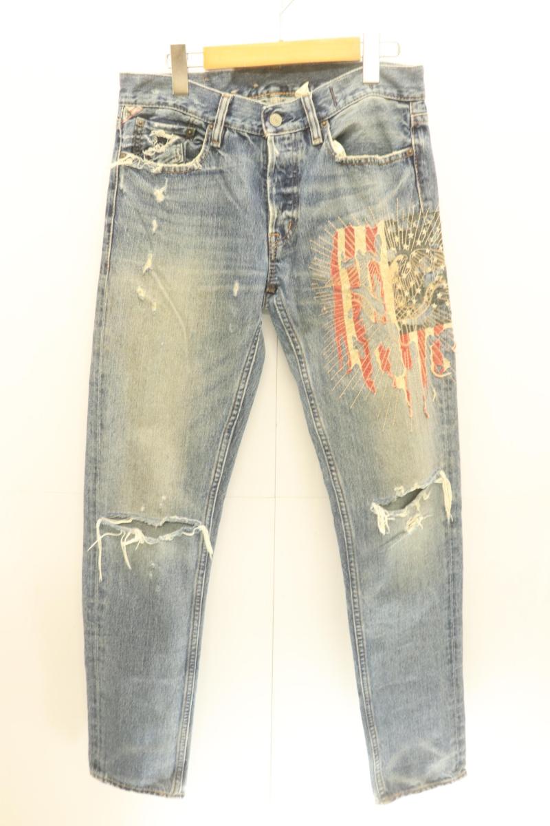 【中古】 Denim&Supply メンズデニムパンツ W29×L32 TAPERED STRAIGH デニムパンツ Denim&Supply W29×L32 インディゴブルー 藍 ダメージ加工 星条旗