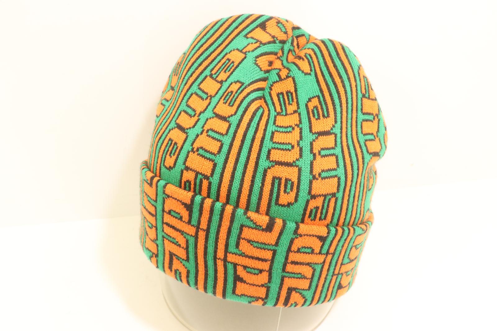 【中古】 Supreme メンズニットキャップ -- Vertical Logo Beanie Supreme -- 緑 グリーン オレンジ 橙