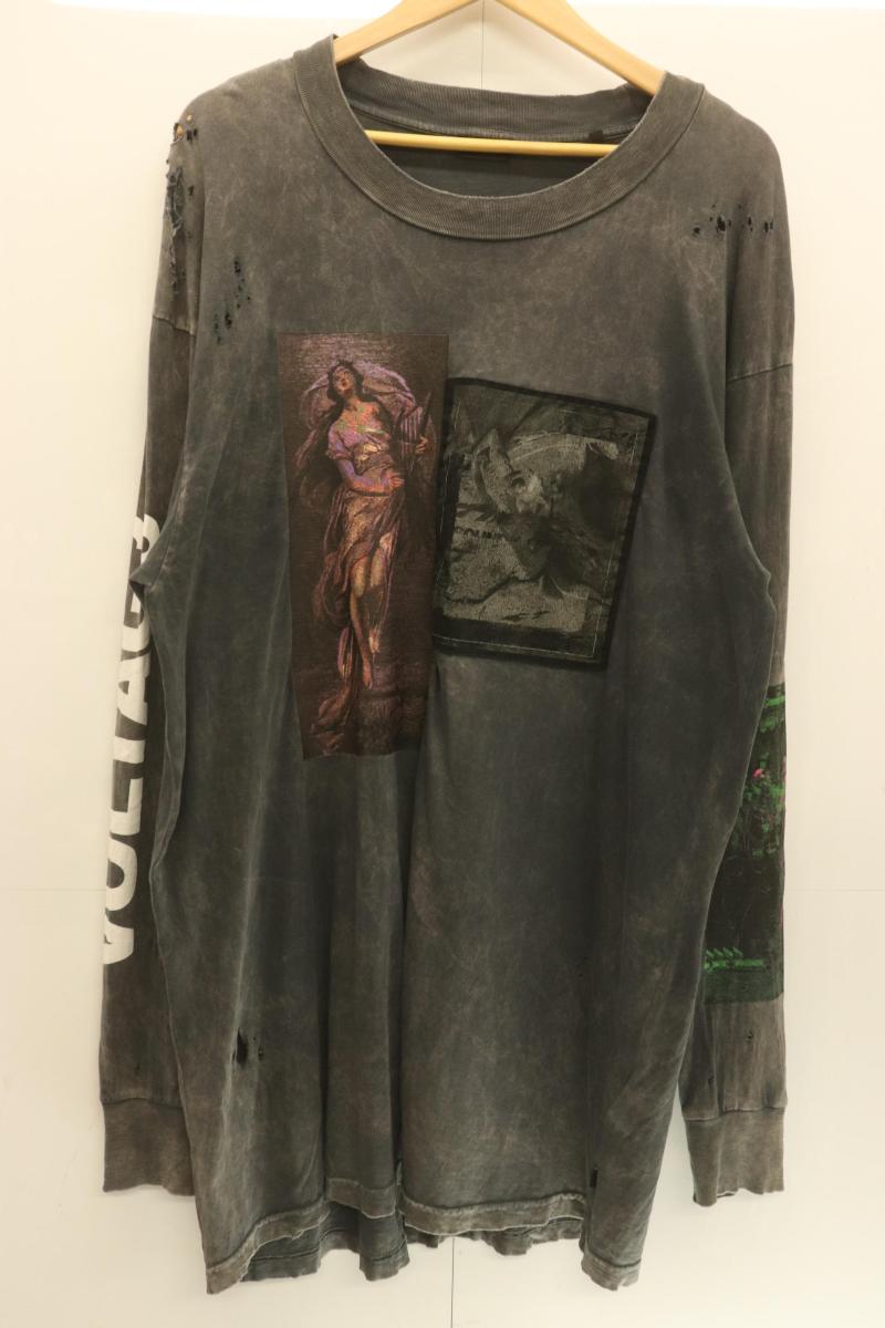 【中古】 DIESEL メンズカットソー M プリント カットソー DIESEL M グレー 灰 ダメージ加工