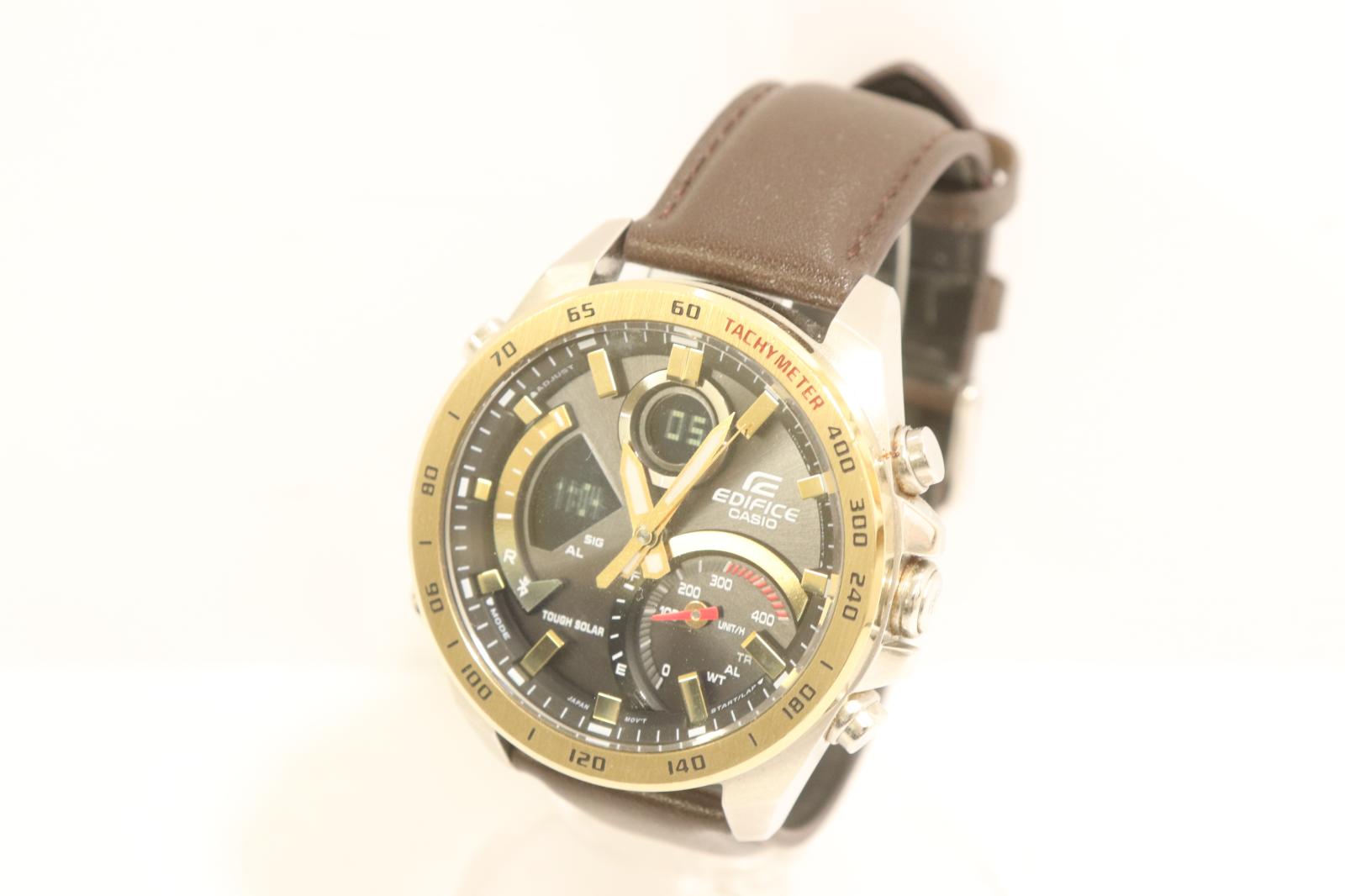 【中古】 CASIO メンズウオッチ -- メンズウオッチ CASIO x EDIFICE ソーラー 黒 黒いこと 茶 赤銅色 ロゴタイプ ECB900GL-1A