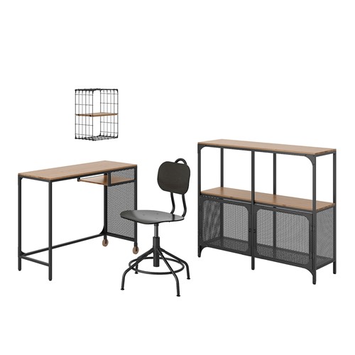 [IKEA/イケア/通販]FJALLBO/KULLABERG フィエルボ/クッラベリ / GULLHULT グルフルト デスク&収納 コンビネーション, ＆回転チェア ブラック/パイン材[4](a)(69436575)