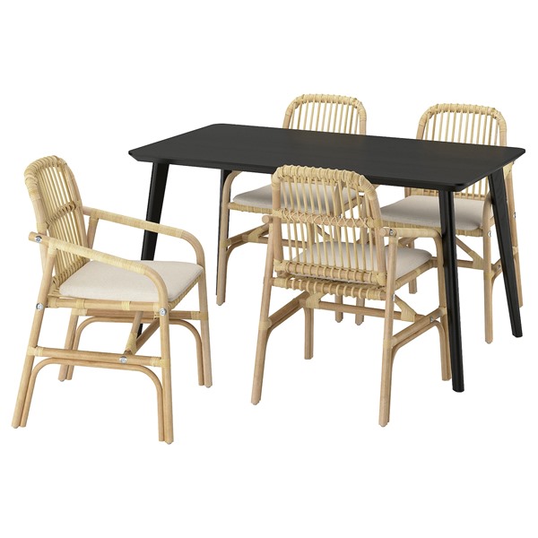[IKEA/イケア/通販]LISABO リーサボー / SALNO サールノー テーブル＆アームレスト付きチェア 4脚, ブラック 籐/グランセル ナチュラル[9](a)(29564616)｜WEBYセレクション　店