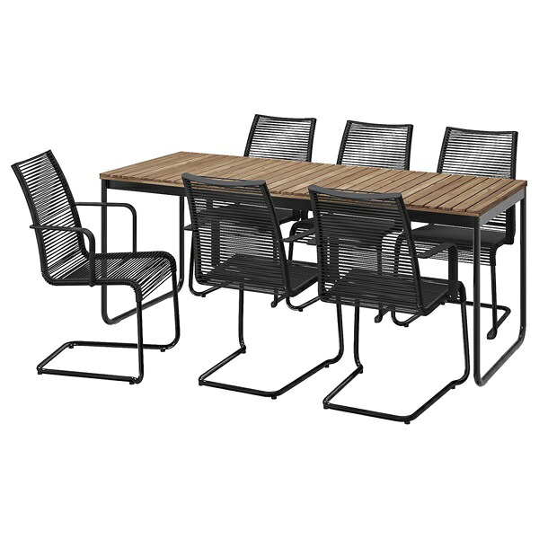 [IKEA/イケア/通販]VASMAN ヴェスマン / VASMAN ヴェスマン テーブル＋チェアアームレスト付き6 屋外用, 伸長式 ライトブラウンステイン/ブラック[8](a)(19584460)